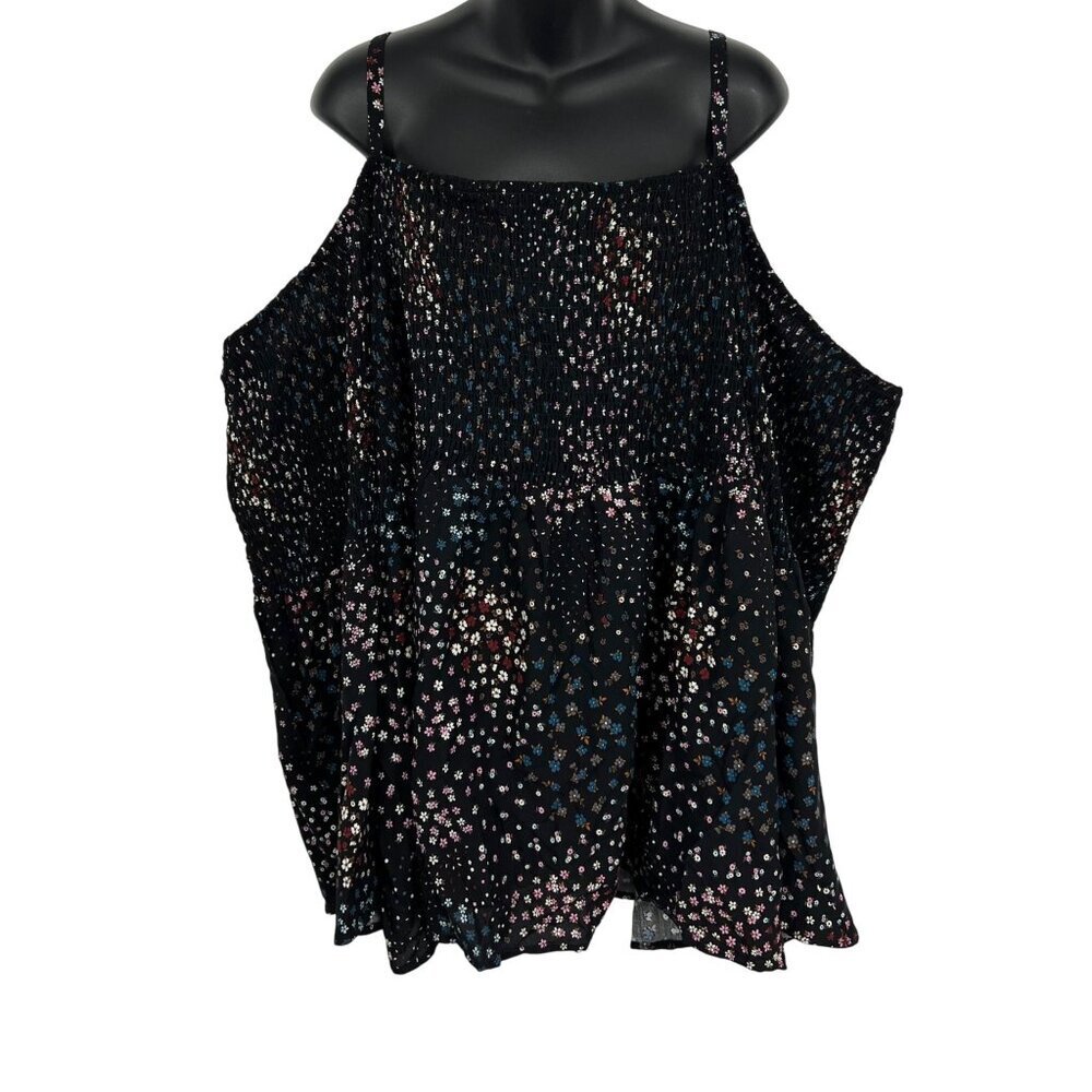 Torrid Plus 5X Black Challis Cold Shoulder Smock Blouse Wild Daisy Trail Floral